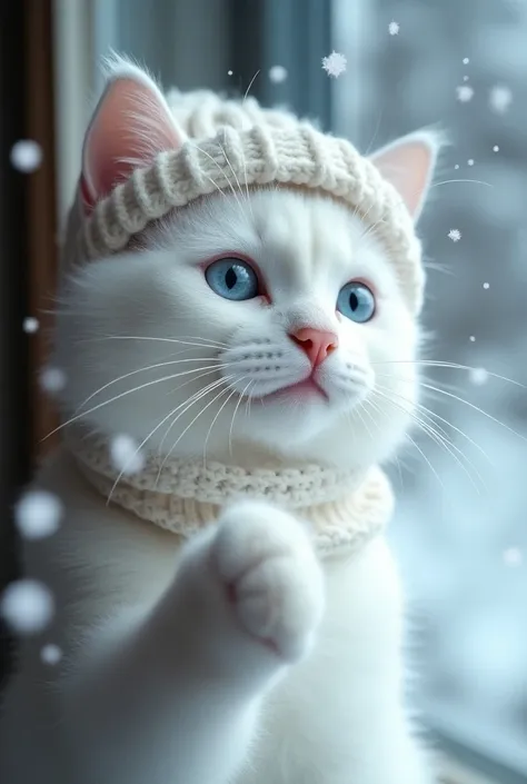 Close-up portrait of a white fluffy cat wearing a knitted white hat and a white scarf looking at falling white fluffy snowflakes. The cat is catching snowflakes with its paw. Masterful photography, soft natural light, shallow depth of field, cinematic comp...