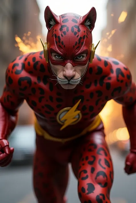 "Create a powerful superhero fusion combining Flash and a leopard. The character has the muscular, agile body of a sprinter with a distinct leopard face, complete with piercing eyes, whiskers, and spots. The costume is sleek with red, black, and gold color...