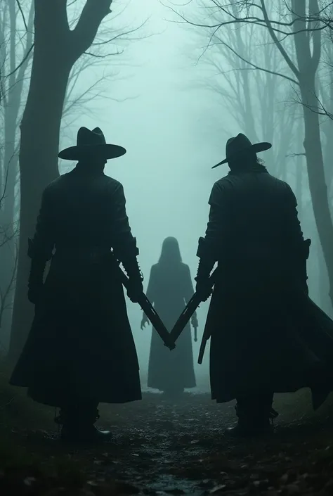 back view of 2 men holding guns and 1 woman with a small crucifix walking far ahead into the dreary foggy forest in the 1500s, highest definition, highest detail, highest quality 