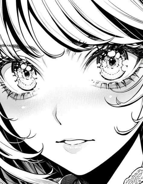 Drawing of a woman with only the whites of her eyes, from the shojo manga "Glass Mask", by Suzue Miuchi, strong linework, perfect linework, ultra-fine ink linework, strong black linework, terrified face, face without Iris and Pupil, close up of facial deta...