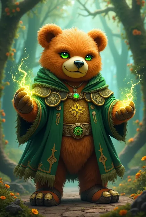 Human, , huge teddy bear, cute, druid powers, mage, shaman, robe, leather gloves, leather shoes, orange hair, green eyes, fantasy