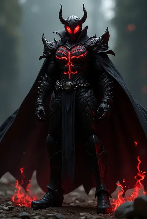 with devil elements ，Dark Kamen Rider with red magma cracks on his body ， and a chain cloak on his back