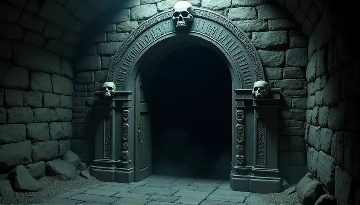 " A large stone arch decorated with skulls and ancient symbols,  at the bottom of a dark tunnel . The door seems forbidden ,  with a disturbing and sinister atmosphere . The light is minimal,  creating shadows that suggest a dark power ."
  the image must ...