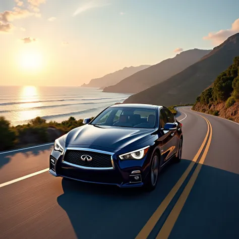  2016 Infiniti Q50 car in dark blue,  is driving along a beautiful road near the seashore , an incredible landscape , Sunset