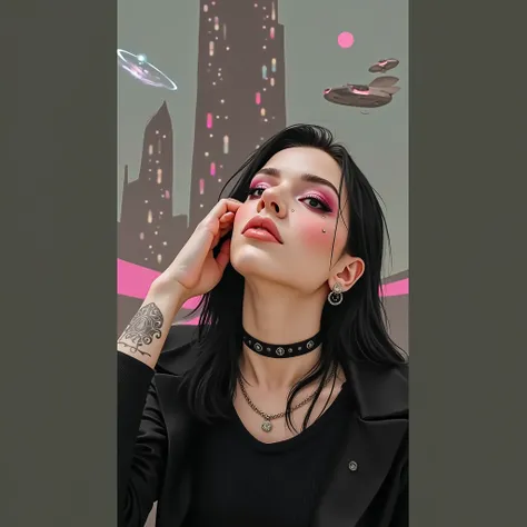 (best quality,4k,8k,highres,masterpiece:1.2),ultra-detailed,(realistic,photorealistic,photo-realistic:1.37),90s vibe,cyberpunk,futuristic neon lights,pink and blue pastel colors,stylishly dressed girl with punk elements,dynamic composition,Kim Bassin-inspi...