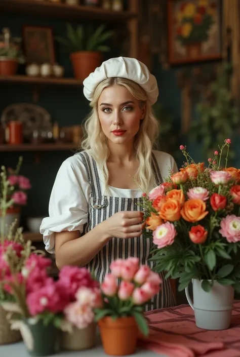 Generate a hyper-realistic image of Lady Gaga dressed as a florist, arranging a stunning bouquet of flowers in a cozy, vintage flower shop. The scene should capture details like her artistic focus, the variety of vibrant flowers around her, and the charmin...