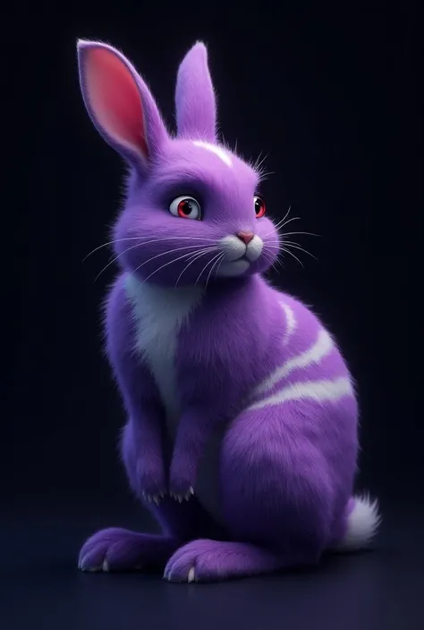 A purple rabbit with white stripes and a black background 