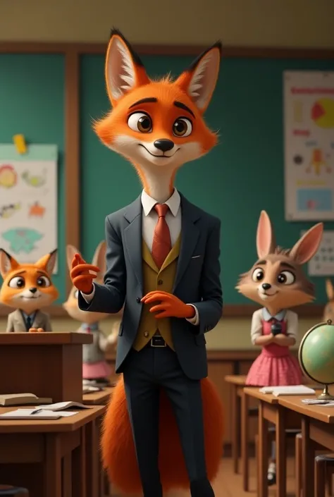  Fox in suit on the lectern in the classroom，Place to teach other animal knowledge in the classroom ， animals in clothes ，Disney style