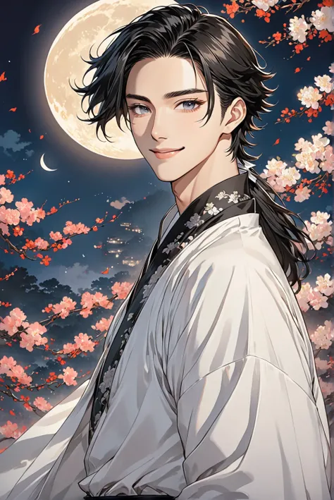 a close up of a man in a shirt looking at the camera, moon behind him, delicate androgynous prince, handsome prince, anime handsome man, handsome guy in demon slayer art, charming sly smile, inspired by Bian Shoumin, manhwa, tall anime guy with black eyes,...