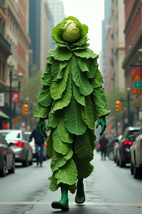 A  dressed in cabbage and walking down the street