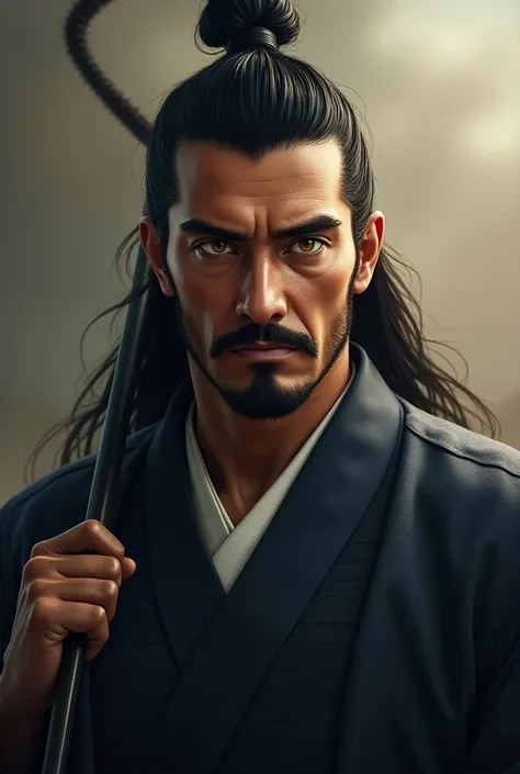 tall and robust man,  with an intimidating presence and long black hair , tied in a traditional bun . your skin is tanned,  and his eyes have a golden hue ,  always with a firm and penetrating look .  He wears the captains haori with pride and impeccable p...