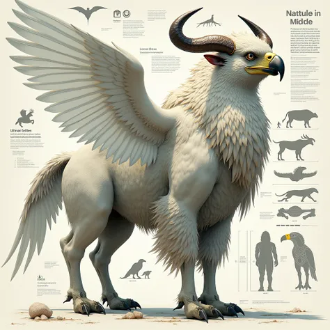 Ultimate evolution hybrid animal, in infographic data, unusual himalayan byson fusion with eagle with white scale, beautiful creature, intricate proprtional fusion body parts