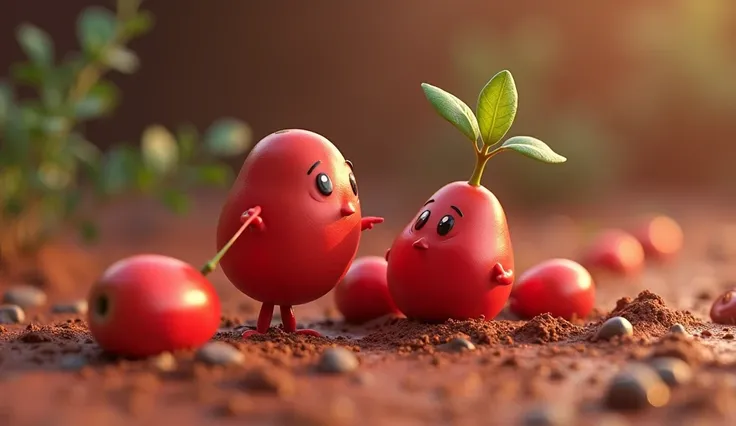 Generate 3d animated image of a red fruit seeds in the mud are talking with little seed plant 