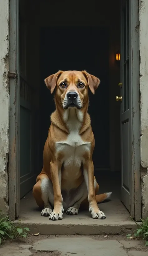 1. Dog with wide, cautious eyes sitting by a doorstep, uncertain about entering.
