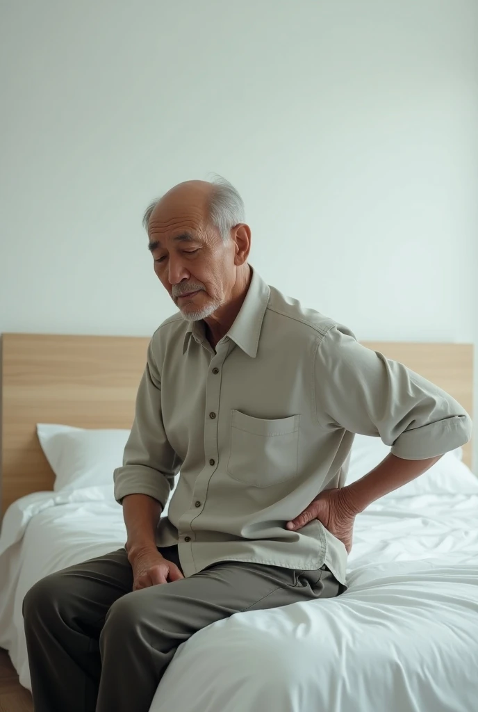 oldman asian backpain and sit on bed in white bedroom