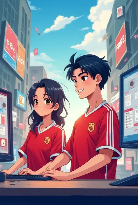 A anime of a man  and woman seller online shop wear red soccer jersey