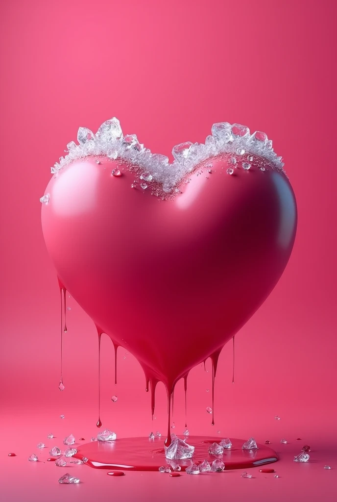 A large heart with melted pink ice on the top of the heart and a deep pink background