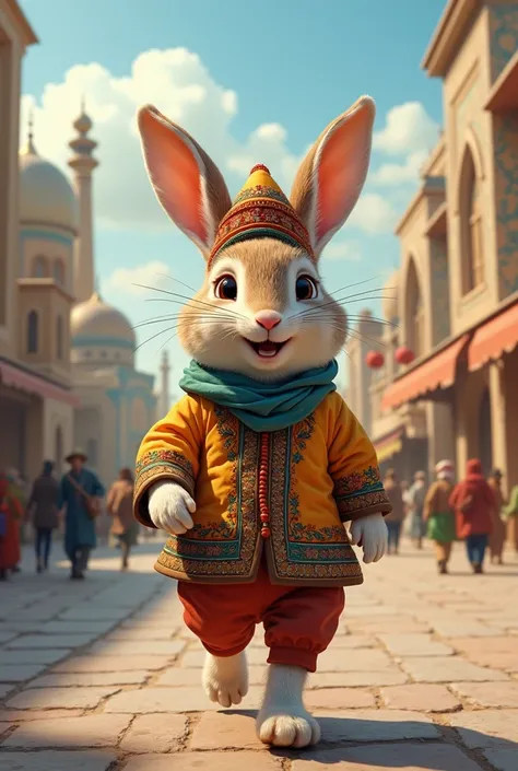 (A rabbit dressed in a wonderful outfit, with an Uzbek cap on his head, is laughing and walking around Samarkand, feeling happy and wonderful. 