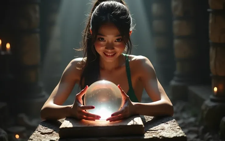 beautiful evil sexy asian witch placing her hands upon a crystal ball resting on an altar, dimly lit ruins, flirty expression, big evil eyes, big beautiful teeth, sexy green tank top, sexy stylish ponytail