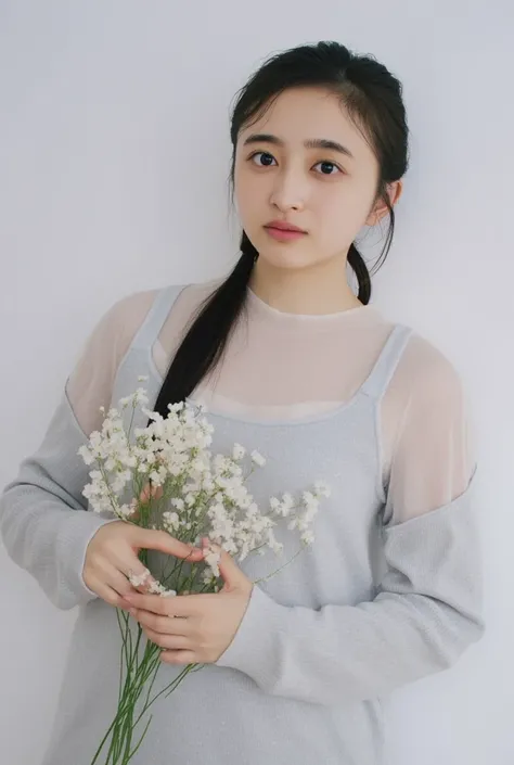 Only one woman with a cute smile wears cute, fluffy off-shoulder pajamas, makes a big heart shape with both hands, and poses them in front of her chest, View above collarbone、The background is a monotone 

