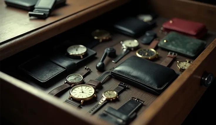 A close-up shot of a drawer containing personal belongings like wallets, watches, and trinkets, each symbolizing one of Gacys victims, evoking a haunting sentiment.
