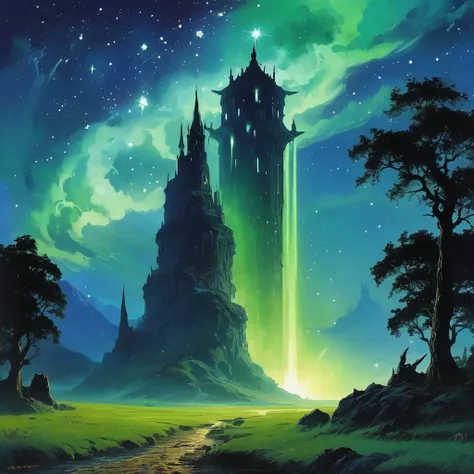 an image of a solitary wizard’s tower standing tall in the middle of a vast, open grassfield under a starry night sky. The tower is ancient and imposing, made of weathered stone with arcane runes carved into its surface, glowing faintly with magical energy...