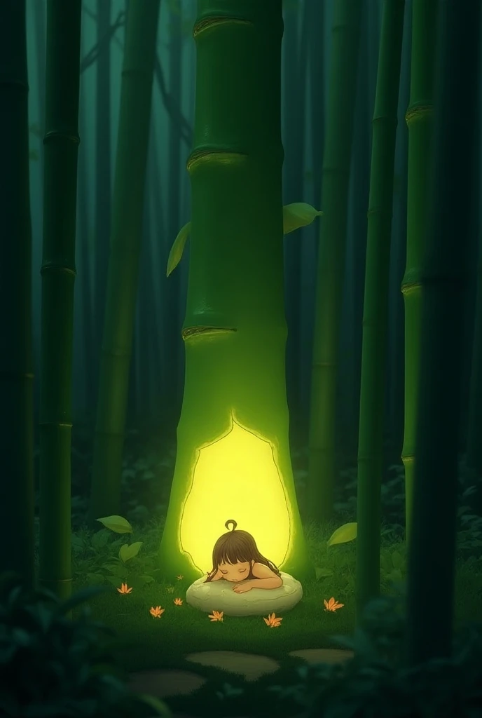 bamboo forest, one thick bamboo shining and glowing, a small princess was sleeping inside when the bamboo was cut,