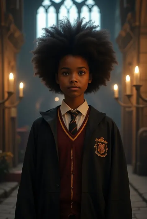 Young dark-skinned woman with Afro hair as a student in the Harry Potter movie