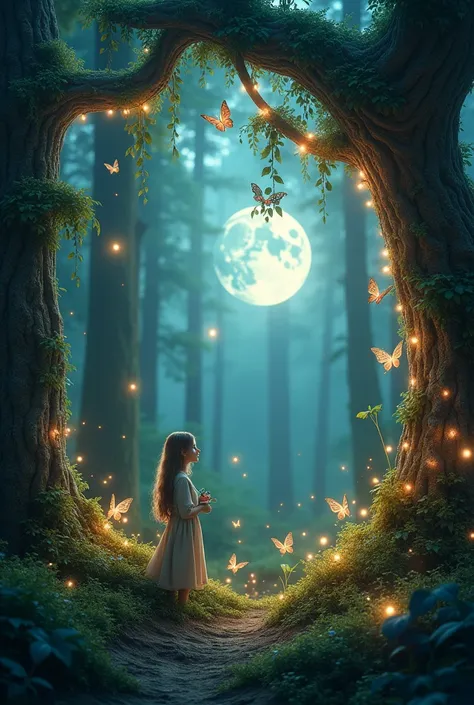 Make a image with mystery forest, string light on tree branches, romantic color looks, lots of fireflies and butterfly, moonlight.