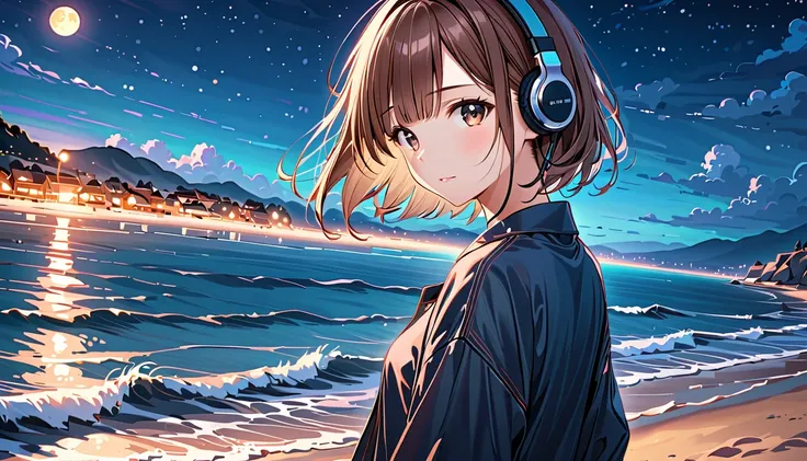 background：Dark night coast 、 quiet place where the sound of waves echoes 。  
expression： staring at the waves in the distance 、穏やかなexpressionをしている。  
Costume： simple shirt and jeans 。  
Pose： walking along the coast 、Enjoying the sound of the waves。  
sce...