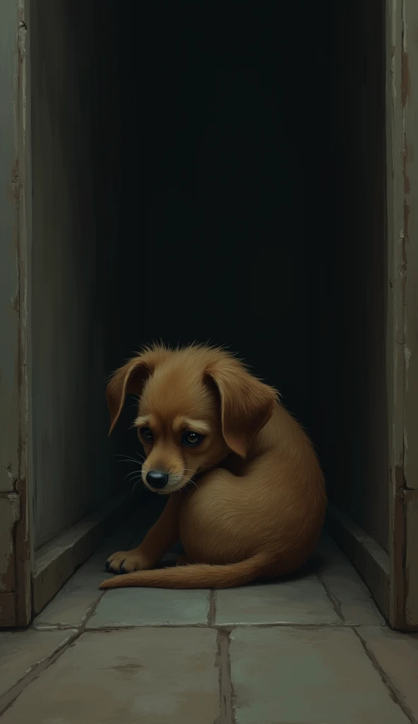  Dog curling up tightly in a corner, looking a little scared.