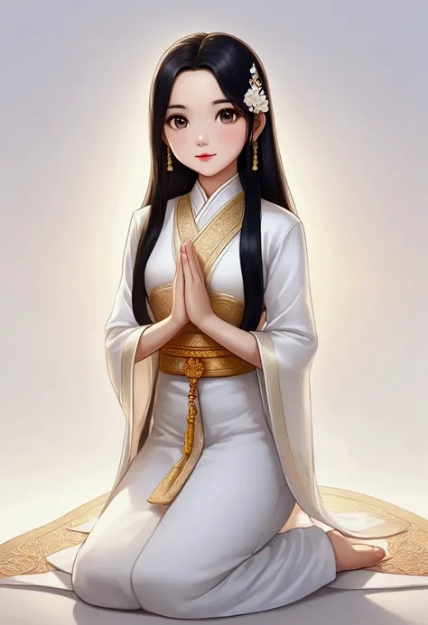 Cute girl Bighead  and long black hair ,wearing white traditional Thai clothing, white thai dress, pray hand , cute cartoon, clear background