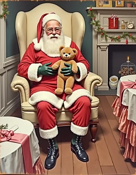  Oil vintage painting of santa claus sitting in a chair with a teddy bear, by John Philip Falter, todd schorr, santa claus, todd schorr highly detailed, by Ernest William Christmas, norman rockwell j, santa, norman rockwell artwork style, by Howard Lyon, n...