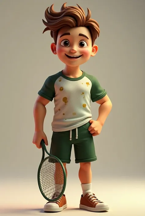 A 3D hyperrealistic Create an image of  Man of a cheerful  with bright, sparkling eyes and  curtain wavy mullte hair. Play Tennis
 sport,Wearing a Bodybuilding clothing occupations with 3D sports patterns and wearing brown shoe  
The scene radiates warmth ...