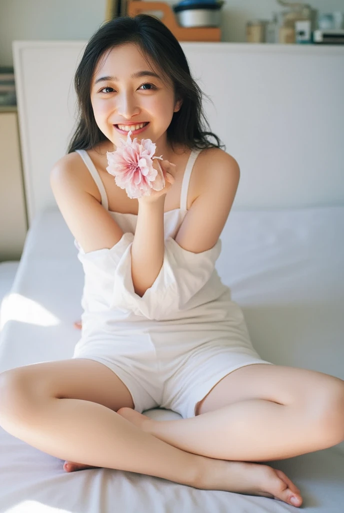 Full body shot from the front、Wear off-the-shoulder mini one-piece pajamas, bend your knees, spread your legs, take a cross-legged pose, and sit while looking at me, Slender bare legs 、smile、The background is a monotone 

