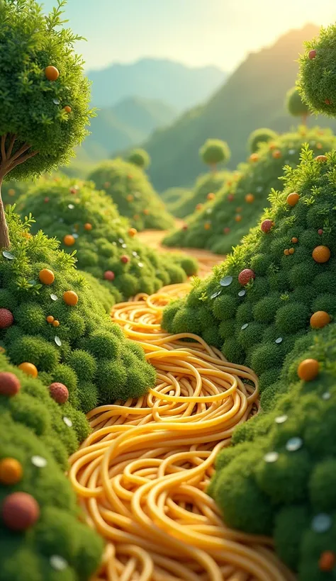 Generate an image of a whimsical forested valley where long strands of spaghetti form winding paths and rivers cutting through a lush green valley. The spaghetti strands twist and curl naturally, resembling flowing streams across a vibrant, grassy landscap...