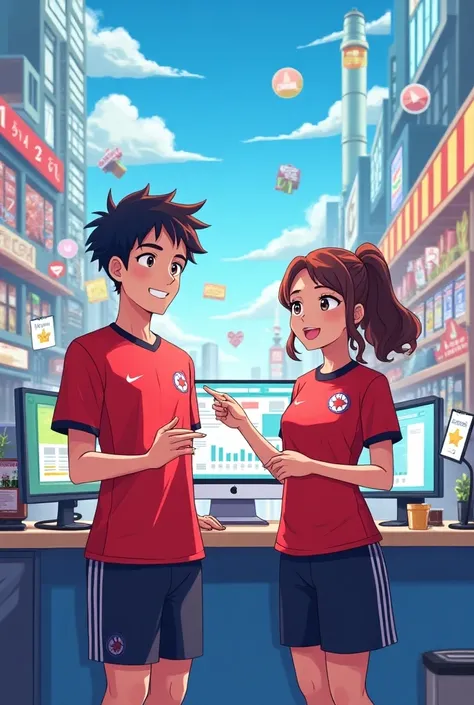 A anime of a man  and woman seller online shop wear red soccer jersey