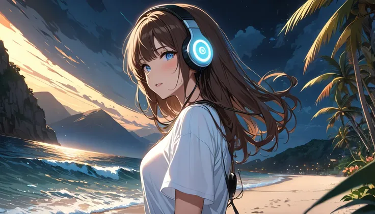 background：Dark night coast 、 quiet place where the sound of waves echoes 。  
expression： staring at the waves in the distance 、穏やかなexpressionをしている。  
Costume： simple shirt and jeans 。  
Pose： walking along the coast 、Enjoying the sound of the waves。  
sce...