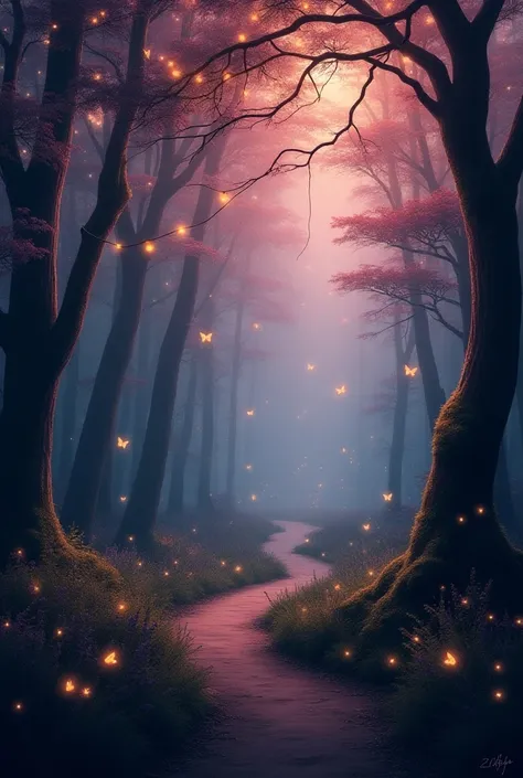 Make a image with mystery forest without people, string lights all over on tree branches, romantic color looks, lane, lots of fireflies and butterfly.