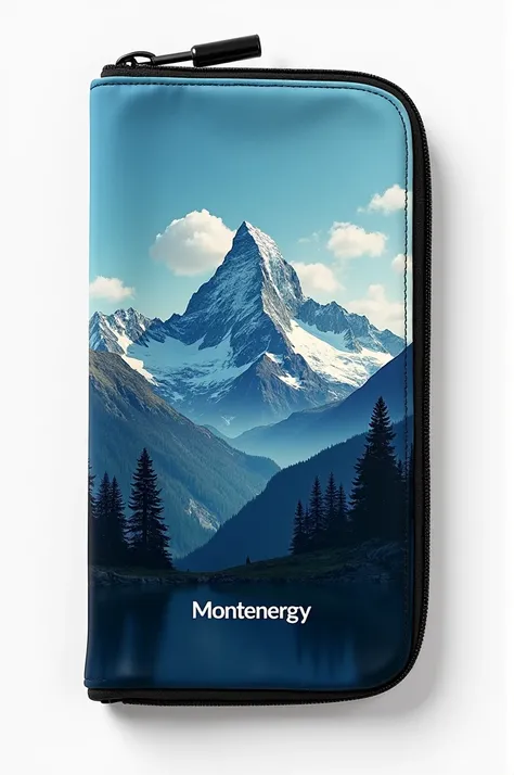 pen bag with a mountain that says montenergy colors blue and black