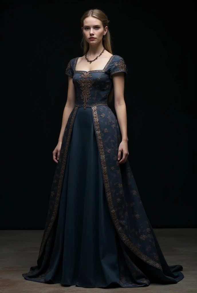  Create a realistic image of a medieval Targaryen dress, with Oxford blue body ,  short sleeves, wide silk skirt with bronze details.  The dress must have a square neckline,  defined waist and delicate embroidered print.  The model must be standing , with ...