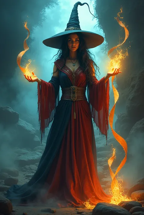 Witch in the long hat colors of Colombia with a scroll from her hands to her feet