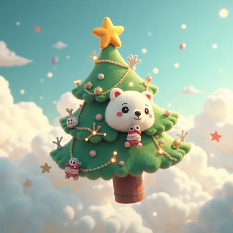 , cute little fluffy furry  robotic christmas tree creature  flying in the sky, cloudy with friends , happy, , christmas  theme,  3d, anime, , unreal engine, 8k, hd, 