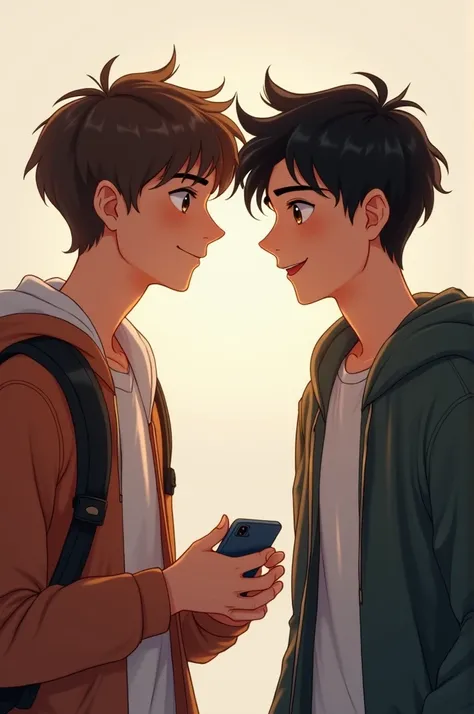 two guys who know each other , The first boy is of average height, brown hair,  Asian and somewhat shy traits .  The second boy is of average height, pelinegro,  European traits and an outgoing  