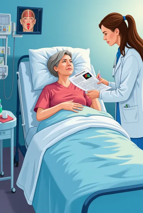 " Generate an illustration of a 69-year-old female patient in a hospital environment .  The patient is in a hospital bed ,  looking disoriented and with an expression of confusion ,  with a medical professional at her side reviewing a report .  It represen...