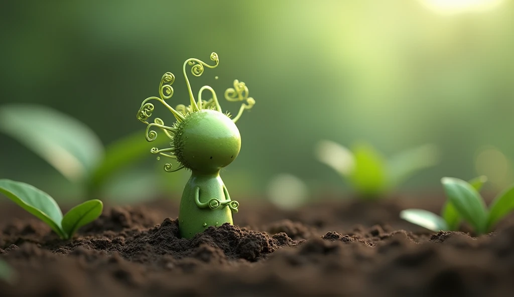 Generate 3d animated image of a a small little plant is thinking in the mud 