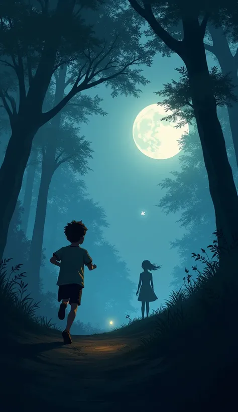 masterpiece, Draw a small moon 、 1 firefly is flying between a boy and 1 girl , The girl is waiting for the boy deep in the woods, Most of the sky is a tree 々The sky is covered by ,  the girl is drawn with a white silhouette 1 、 the moonlight is visible at...