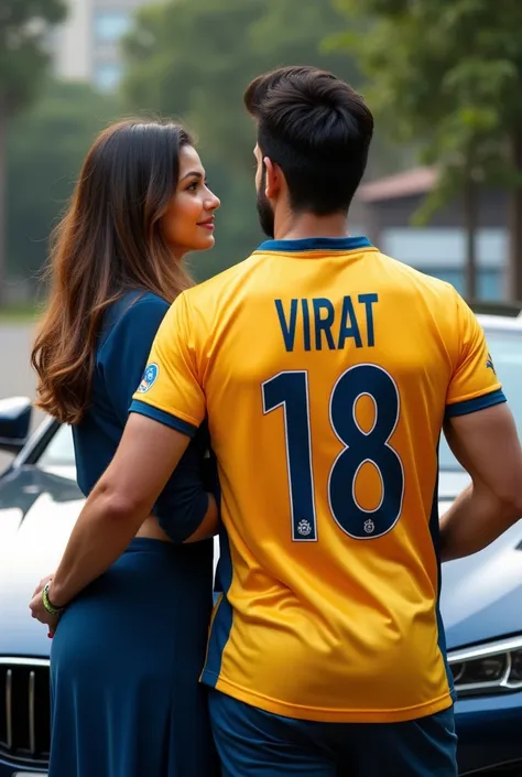 Man dressed as a cricket player , In front of the car , jersey no 18 and name virat. with his wife