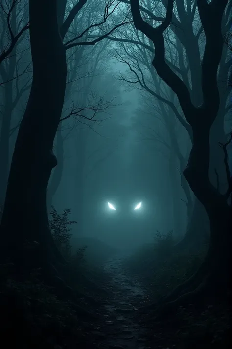 A dark, spooky forest with a pair of glowing, menacing eyes peering out from the shadows between trees. The eyes are intense and unsettling, hinting at a hidden predator or supernatural presence. The faint light from flashlights casts eerie shadows, amplif...