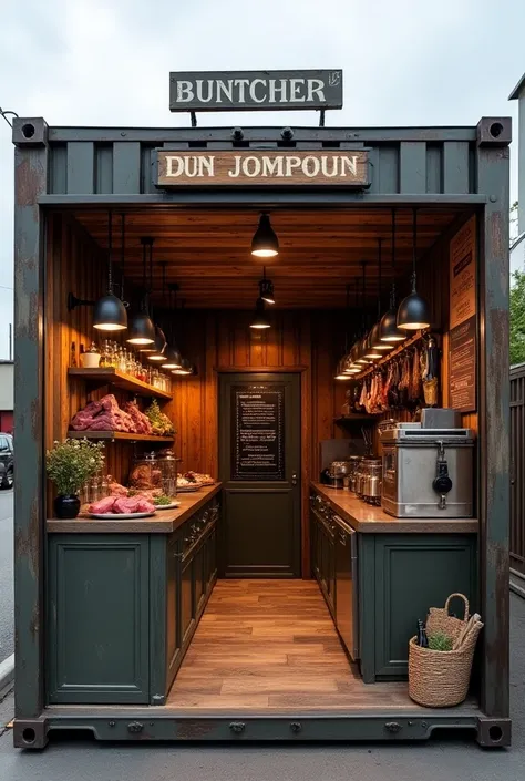 A 20-foot container that looks like a butcher shop with its freezer, counter, refrigerator and products.